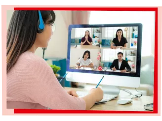 Woman attending an online meeting with 4 colleagues on screen