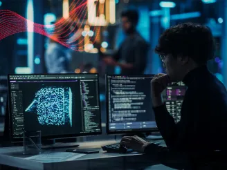 Researcher reviewing AI data in PC screen