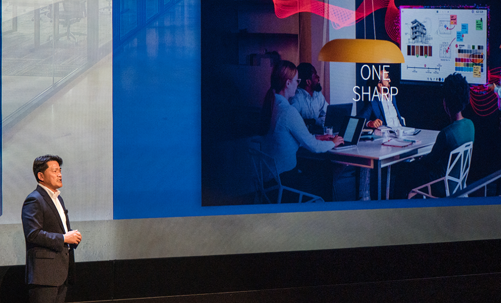 Joe Tomota giving a speech at Sharp Inspire Expo 2026