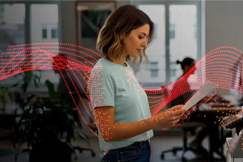 Woman standing in front of a Sharp MFP looking at a piece of paper